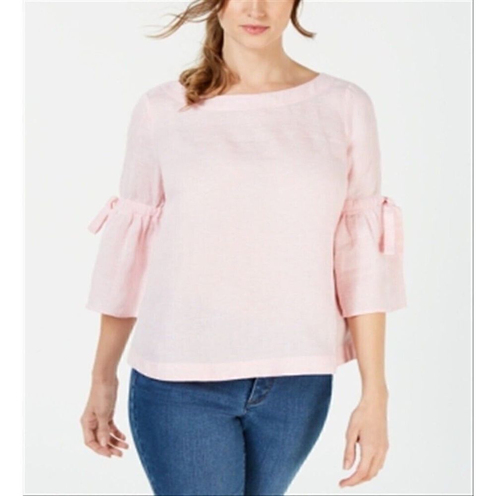 Charter Club Women's Linen Bell Sleeve Blouse Pink Sz Medium Casual Career